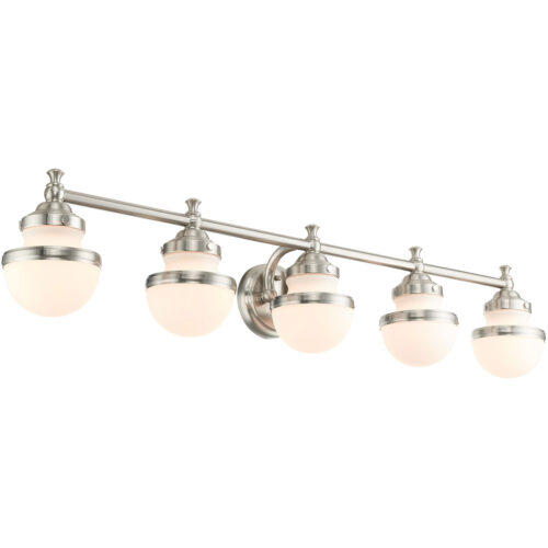 42 inch 5 Light Brushed Nickel Bathroom Vanity light fixture with Hand Blown Satin Opal White Glass Shade-Lighting LumensBath/Vanity