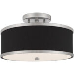 2 Light Brushed Nickel Ceiling Light fixture with Hand Crafted Black Fabric Hardback Shade-Lighting LumensFlush Mount Ceiling Lights