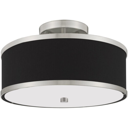 2 Light Brushed Nickel Ceiling Light fixture with Hand Crafted Black Fabric Hardback Shade-Lighting LumensFlush Mount Ceiling Lights