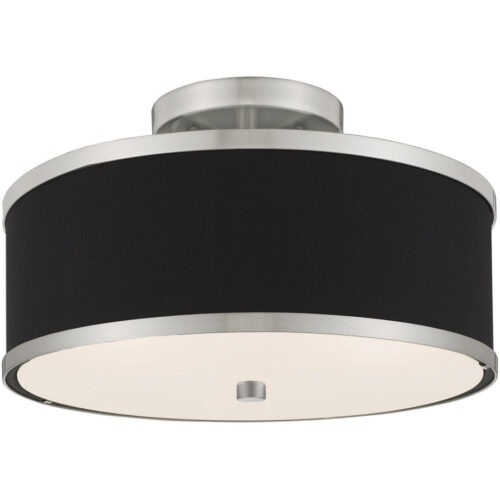 2 Light Brushed Nickel Ceiling Light fixture with Hand Crafted Black Fabric Hardback Shade-Lighting LumensFlush Mount Ceiling Lights