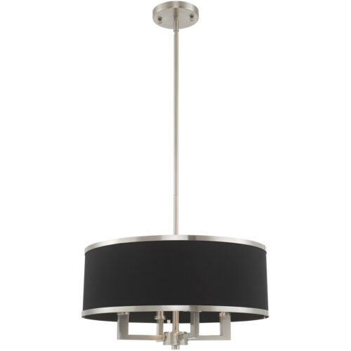 4 Light Brushed Nickel Pendant Chandelier with Hand Crafted Black Fabric Hardback Shade-Lighting LumensChandeliers