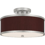 2 Light Brushed Nickel Ceiling Light fixture with Hand Crafted Red Wine Fabric Hardback Shade-Lighting LumensFlush Mount Ceiling Lights