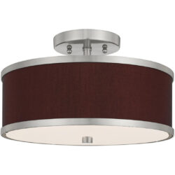 2 Light Brushed Nickel Ceiling Light fixture with Hand Crafted Red Wine Fabric Hardback Shade-Lighting LumensFlush Mount Ceiling Lights