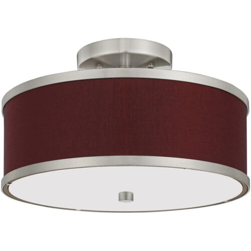 2 Light Brushed Nickel Ceiling Light fixture with Hand Crafted Red Wine Fabric Hardback Shade-Lighting LumensFlush Mount Ceiling Lights