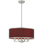 4 Light Brushed Nickel Pendant Chandelier with Hand Crafted Red Wine Fabric Hardback Shade-Lighting LumensChandeliers