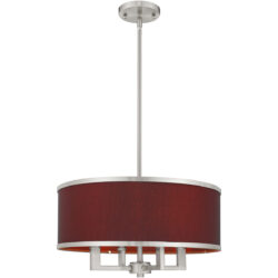 4 Light Brushed Nickel Pendant Chandelier with Hand Crafted Red Wine Fabric Hardback Shade-Lighting LumensChandeliers