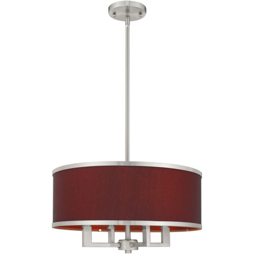 4 Light Brushed Nickel Pendant Chandelier with Hand Crafted Red Wine Fabric Hardback Shade-Lighting LumensChandeliers