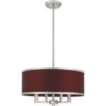 4 Light Brushed Nickel Pendant Chandelier with Hand Crafted Red Wine Fabric Hardback Shade-Lighting LumensChandeliers