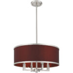 4 Light Brushed Nickel Pendant Chandelier with Hand Crafted Red Wine Fabric Hardback Shade-Lighting LumensChandeliers