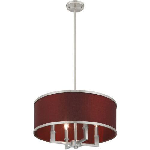 4 Light Brushed Nickel Pendant Chandelier with Hand Crafted Red Wine Fabric Hardback Shade-Lighting LumensChandeliers