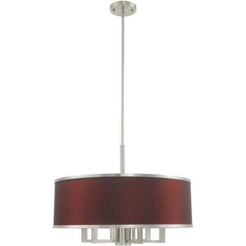 7 Light Brushed Nickel Pendant Chandelier with Hand Crafted Red Wine Fabric Hardback Shade-Lighting LumensChandeliers