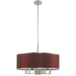 7 Light Brushed Nickel Pendant Chandelier with Hand Crafted Red Wine Fabric Hardback Shade-Lighting LumensChandeliers