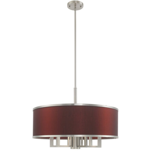 7 Light Brushed Nickel Pendant Chandelier with Hand Crafted Red Wine Fabric Hardback Shade-Lighting LumensChandeliers