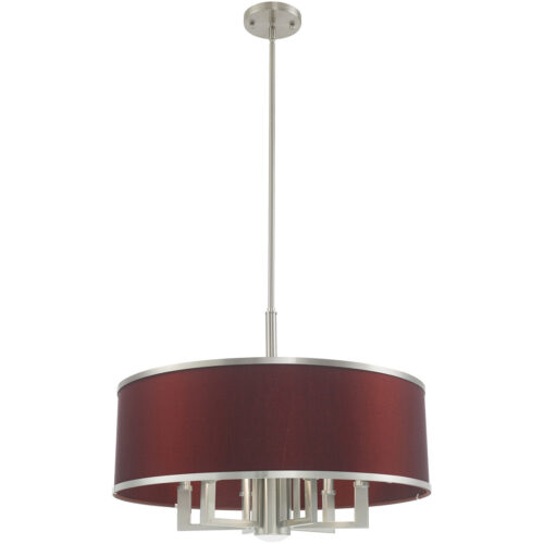 7 Light Brushed Nickel Pendant Chandelier with Hand Crafted Red Wine Fabric Hardback Shade-Lighting LumensChandeliers