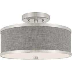 2 Light Brushed Nickel Ceiling Light fixture with Hand Crafted Gray Fabric Hardback Shade-Lighting LumensFlush Mount Ceiling Lights