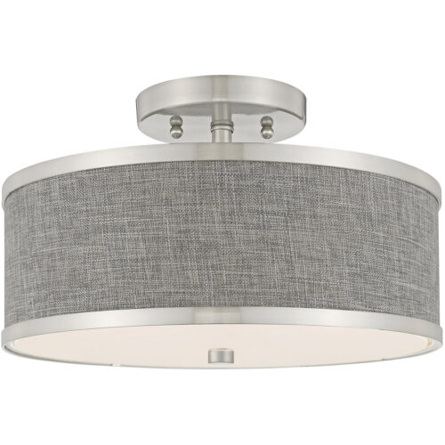 2 Light Brushed Nickel Ceiling Light fixture with Hand Crafted Gray Fabric Hardback Shade-Lighting LumensFlush Mount Ceiling Lights