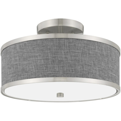 2 Light Brushed Nickel Ceiling Light fixture with Hand Crafted Gray Fabric Hardback Shade-Lighting LumensFlush Mount Ceiling Lights