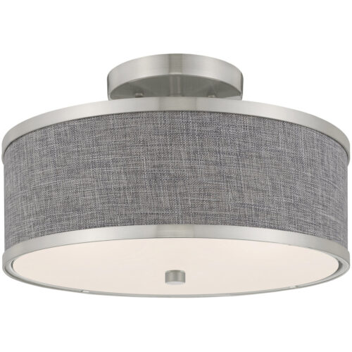 2 Light Brushed Nickel Ceiling Light fixture with Hand Crafted Gray Fabric Hardback Shade-Lighting LumensFlush Mount Ceiling Lights