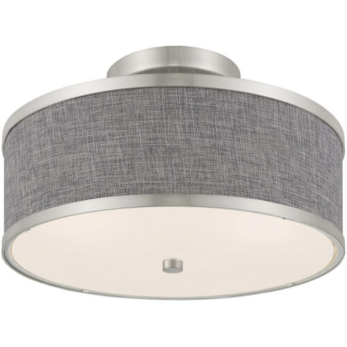 2 Light Brushed Nickel Ceiling Light fixture with Hand Crafted Gray Fabric Hardback Shade-Lighting LumensFlush Mount Ceiling Lights