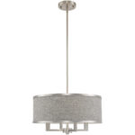 4 Light Brushed Nickel Pendant Chandelier with Hand Crafted Gray Fabric Hardback Shade-Lighting LumensChandeliers