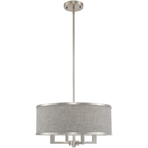 4 Light Brushed Nickel Pendant Chandelier with Hand Crafted Gray Fabric Hardback Shade-Lighting LumensChandeliers