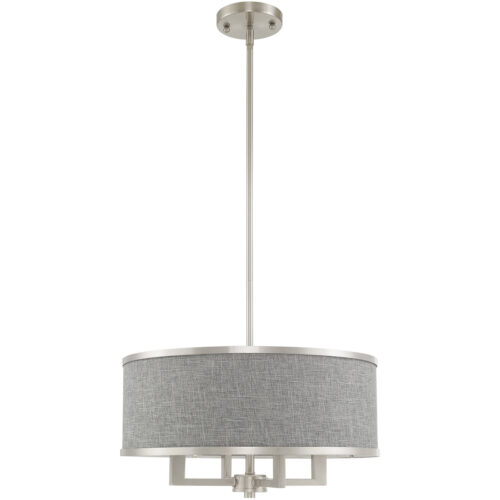 4 Light Brushed Nickel Pendant Chandelier with Hand Crafted Gray Fabric Hardback Shade-Lighting LumensChandeliers