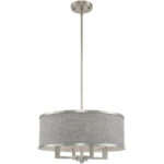 4 Light Brushed Nickel Pendant Chandelier with Hand Crafted Gray Fabric Hardback Shade-Lighting LumensChandeliers