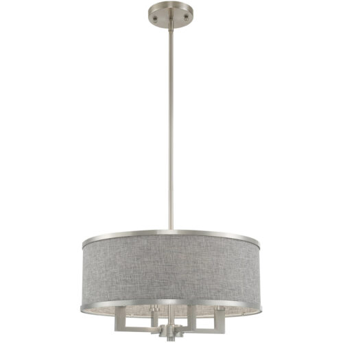 4 Light Brushed Nickel Pendant Chandelier with Hand Crafted Gray Fabric Hardback Shade-Lighting LumensChandeliers