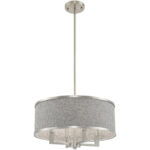 4 Light Brushed Nickel Pendant Chandelier with Hand Crafted Gray Fabric Hardback Shade-Lighting LumensChandeliers