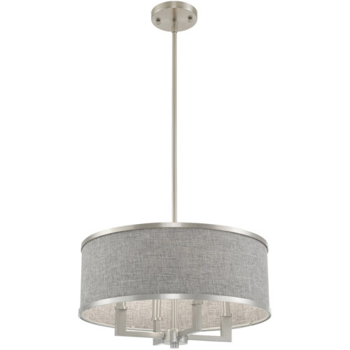 4 Light Brushed Nickel Pendant Chandelier with Hand Crafted Gray Fabric Hardback Shade-Lighting LumensChandeliers