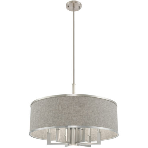 7 Light Brushed Nickel Pendant Chandelier with Hand Crafted Gray Fabric Hardback Shade-Lighting LumensChandeliers