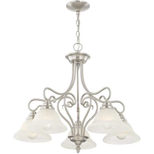 5 Light Brushed Nickel Chandelier with White Alabaster Glass Shade-Lighting LumensChandeliers