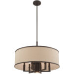 7 Light Bronze Pendant Chandelier with Hand Crafted Ash-Gray Linen Fabric Hardback Shade-Lighting LumensChandeliers