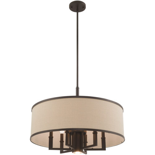 7 Light Bronze Pendant Chandelier with Hand Crafted Ash-Gray Linen Fabric Hardback Shade-Lighting LumensChandeliers