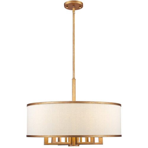 7 Light Antique Gold Leaf Chandelier with Hand Crafted Ash-Gray Linen Fabric Hardback Shade-Lighting LumensChandeliers