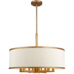 7 Light Antique Gold Leaf Chandelier with Hand Crafted Ash-Gray Linen Fabric Hardback Shade-Lighting LumensChandeliers