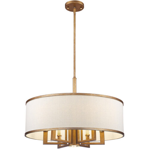 7 Light Antique Gold Leaf Chandelier with Hand Crafted Ash-Gray Linen Fabric Hardback Shade-Lighting LumensChandeliers