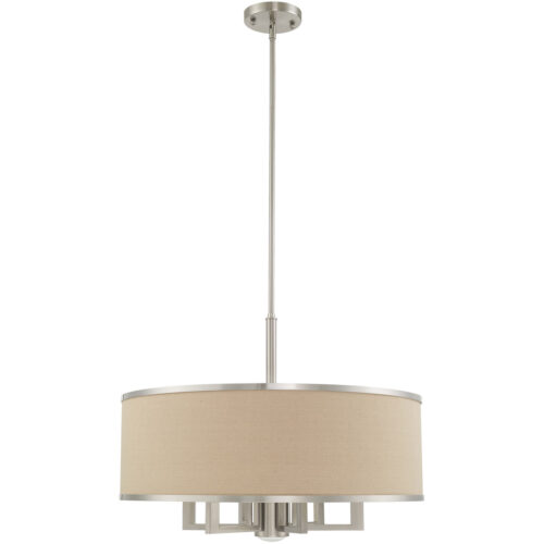 7 Light Brushed Nickel Pendant Chandelier with Hand Crafted Ash-Gray Linen Fabric Hardback Shade-Lighting LumensChandeliers