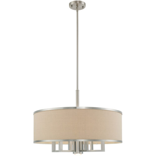 7 Light Brushed Nickel Pendant Chandelier with Hand Crafted Ash-Gray Linen Fabric Hardback Shade-Lighting LumensChandeliers