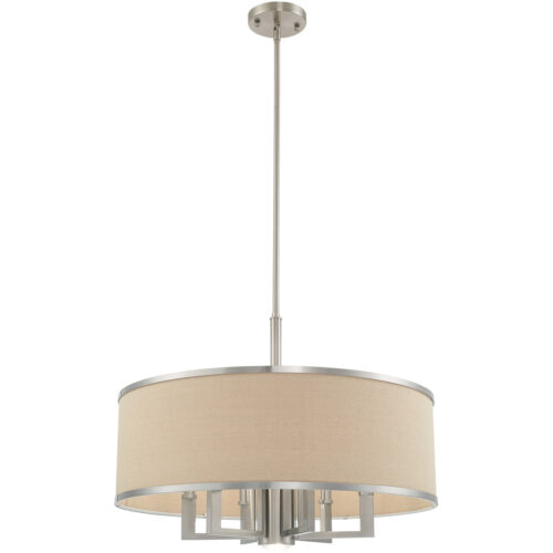 7 Light Brushed Nickel Pendant Chandelier with Hand Crafted Ash-Gray Linen Fabric Hardback Shade-Lighting LumensChandeliers