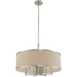 7 Light Brushed Nickel Pendant Chandelier with Hand Crafted Ash-Gray Linen Fabric Hardback Shade-Lighting LumensChandeliers