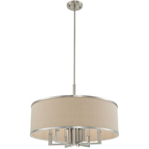 7 Light Brushed Nickel Pendant Chandelier with Hand Crafted Ash-Gray Linen Fabric Hardback Shade-Lighting LumensChandeliers