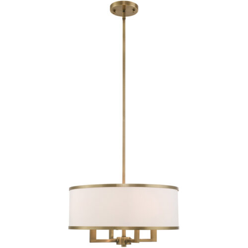 4 Light Antique Brass Pendant Chandelier with Hand Crafted Off-White Fabric Hardback Shade-Lighting LumensChandeliers