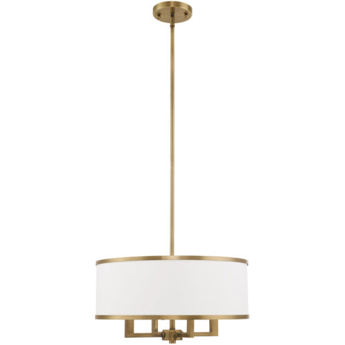 4 Light Antique Brass Pendant Chandelier with Hand Crafted Off-White Fabric Hardback Shade-Lighting LumensChandeliers