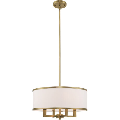 4 Light Antique Brass Pendant Chandelier with Hand Crafted Off-White Fabric Hardback Shade-Lighting LumensChandeliers