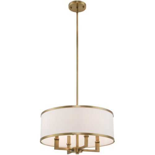 4 Light Antique Brass Pendant Chandelier with Hand Crafted Off-White Fabric Hardback Shade-Lighting LumensChandeliers