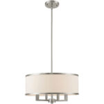 4 Light Brushed Nickel Chandelier with Hand Crafted Off-White Fabric Hardback Shade-Lighting LumensChandeliers