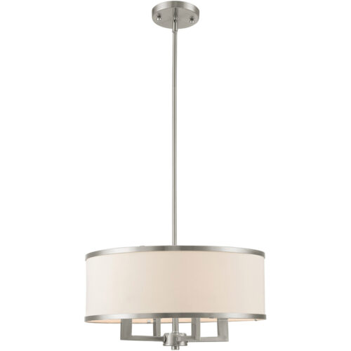 4 Light Brushed Nickel Chandelier with Hand Crafted Off-White Fabric Hardback Shade-Lighting LumensChandeliers