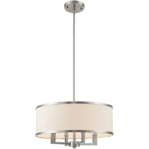 4 Light Brushed Nickel Chandelier with Hand Crafted Off-White Fabric Hardback Shade-Lighting LumensChandeliers