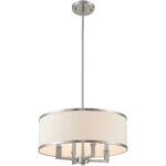 4 Light Brushed Nickel Chandelier with Hand Crafted Off-White Fabric Hardback Shade-Lighting LumensChandeliers